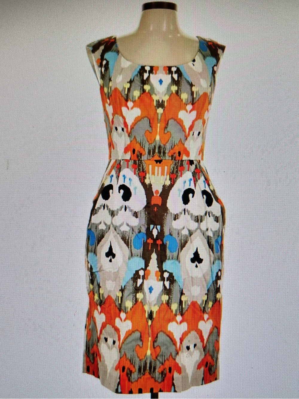 Maggy London Sleeveless Ikat-Print Midi Sheath Dress in Orange, Blue and Cream